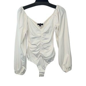 Lulus Womens V-Neck Ruched Stretch Long Sleeve Bodysuit White Medium